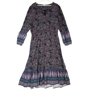 Frye and Co Women's XXL 2XL Purple Blue Paisley Bohemian Maxi Dress 3/4 Sleeve